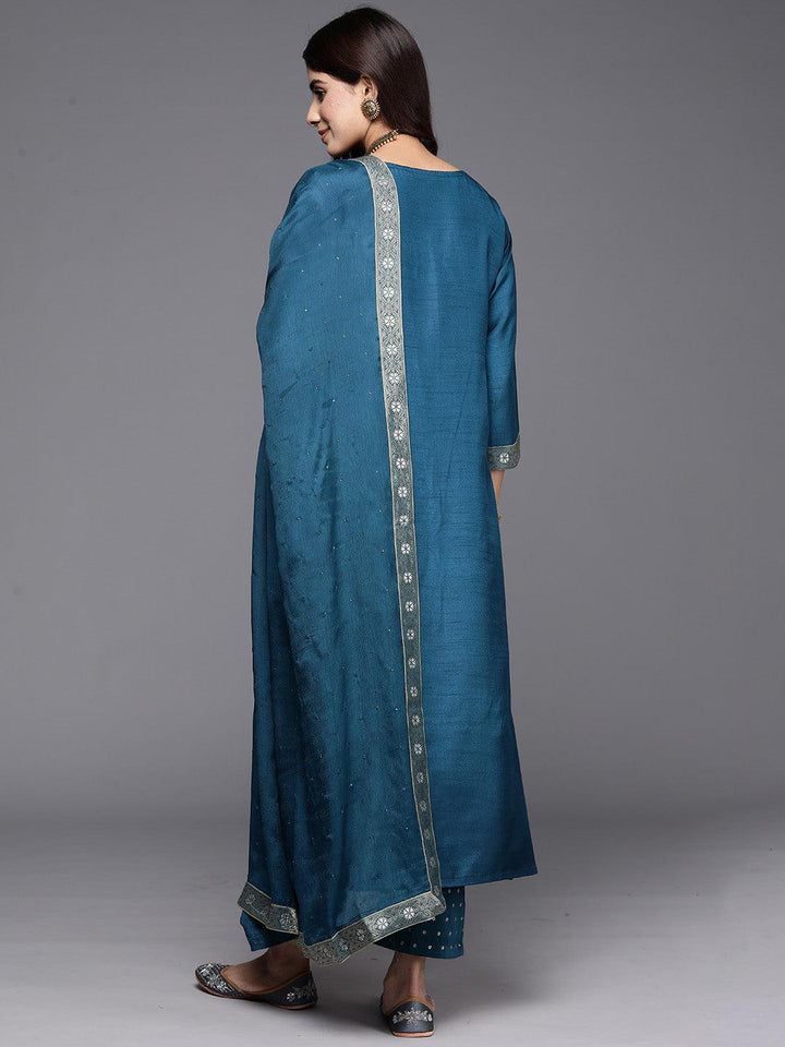 Teal Woven Design Silk Blend Straight Kurta With Trousers & Dupatta - ShopLibas