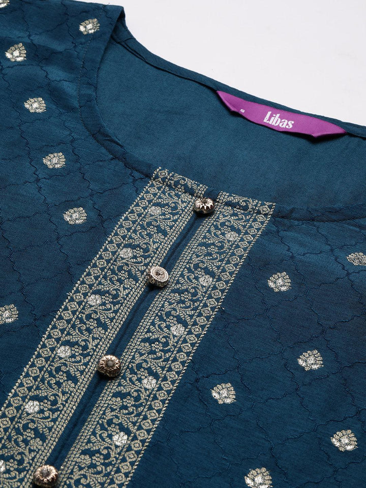 Teal Woven Design Silk Blend Straight Kurta With Trousers & Dupatta - ShopLibas