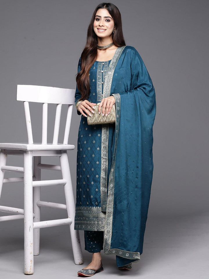 Teal Woven Design Silk Blend Straight Kurta With Trousers & Dupatta - ShopLibas