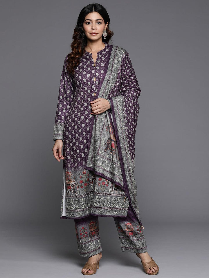 Purple Printed Wool Blend Straight Kurta With Palazzos & Dupatta - ShopLibas