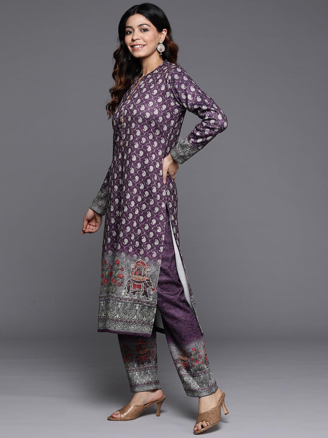 Purple Printed Wool Blend Straight Kurta With Palazzos & Dupatta - ShopLibas