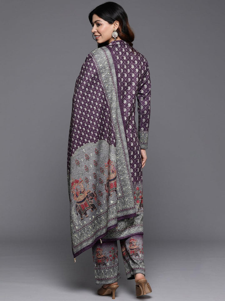 Purple Printed Wool Blend Straight Kurta With Palazzos & Dupatta - ShopLibas