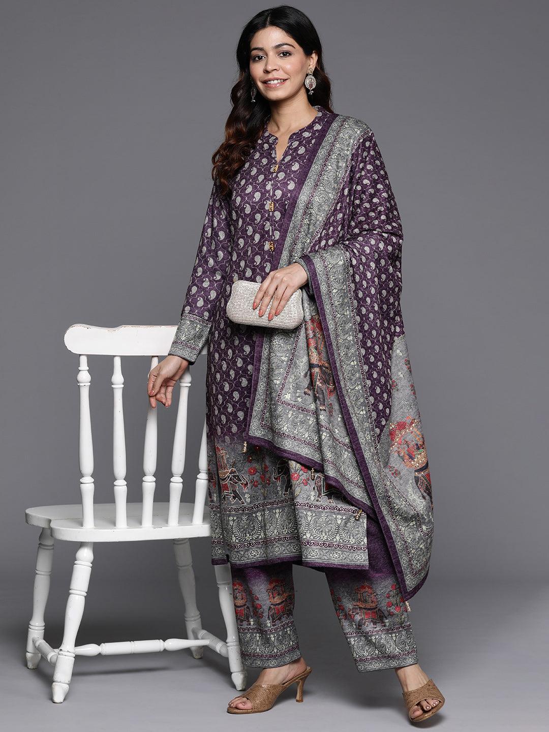 Purple Printed Wool Blend Straight Kurta With Palazzos & Dupatta - ShopLibas