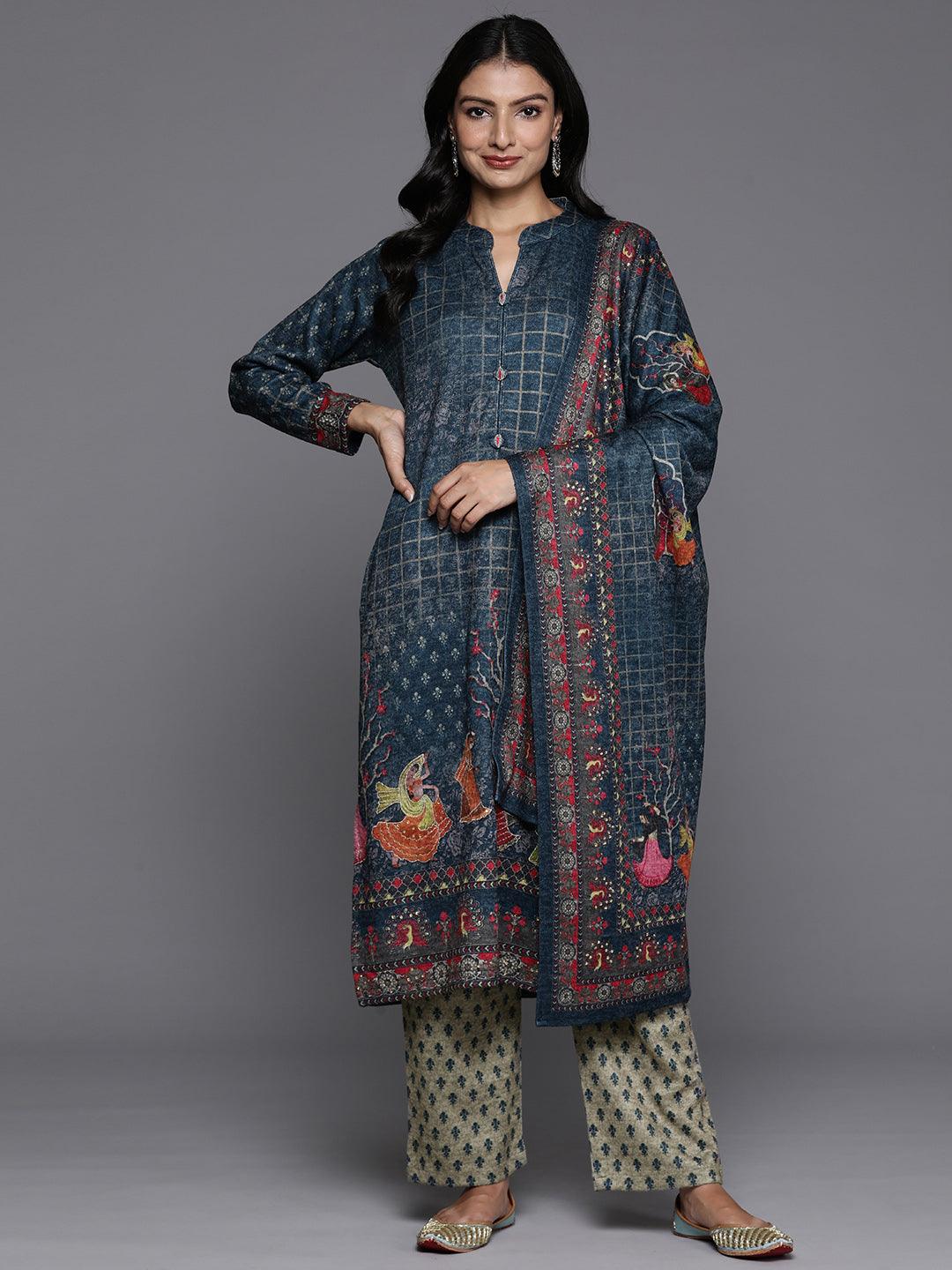 Blue Printed Wool Blend Straight Kurta With Palazzos & Dupatta - ShopLibas