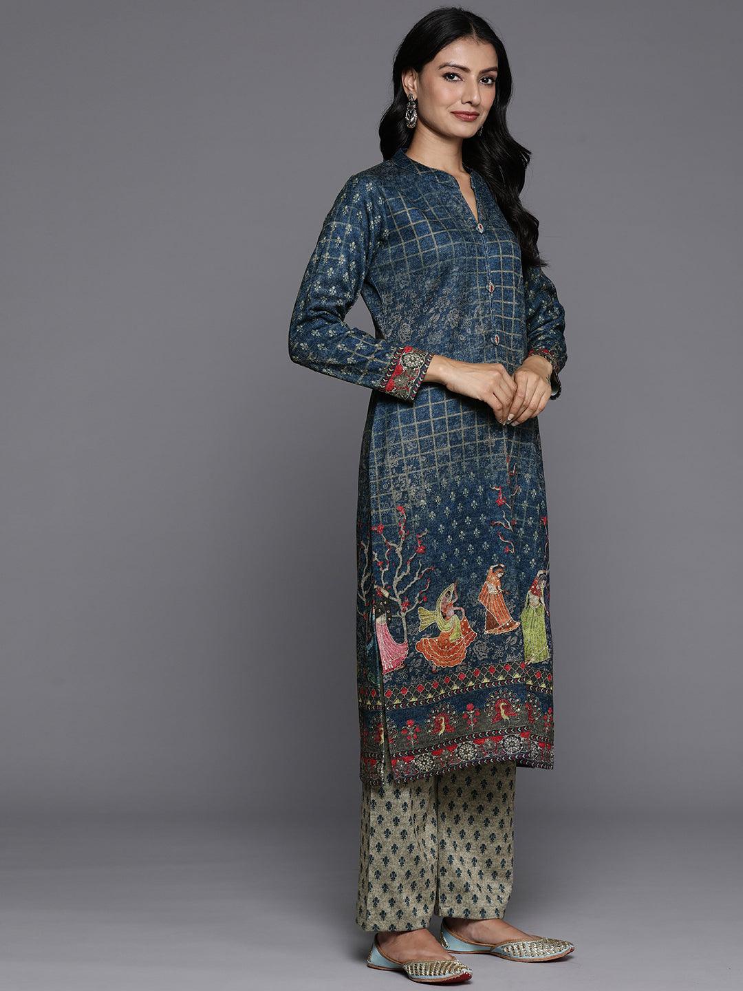 Blue Printed Wool Blend Straight Kurta With Palazzos & Dupatta - ShopLibas