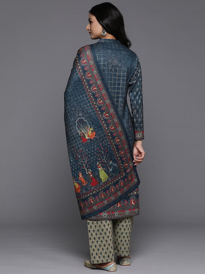 Blue Printed Wool Blend Straight Kurta With Palazzos & Dupatta - ShopLibas