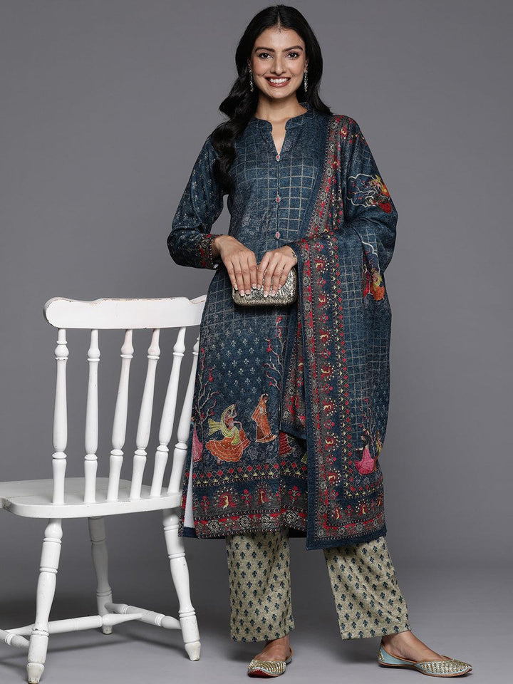 Blue Printed Wool Blend Straight Kurta With Palazzos & Dupatta - ShopLibas