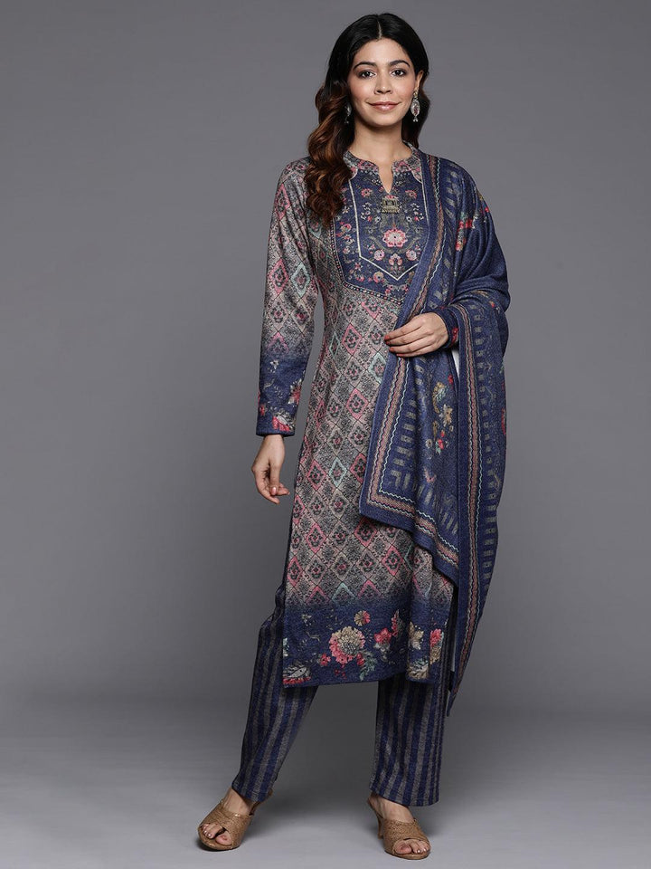 Multi Printed Wool Blend Straight Kurta With Palazzos & Dupatta - ShopLibas