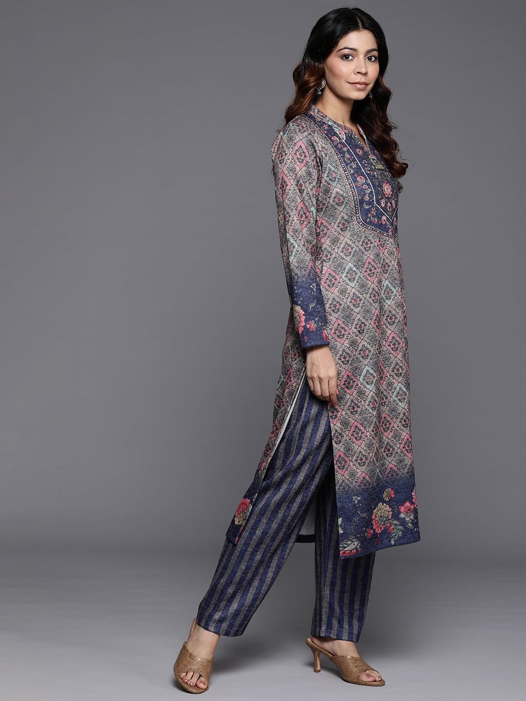 Multi Printed Wool Blend Straight Kurta With Palazzos & Dupatta - ShopLibas