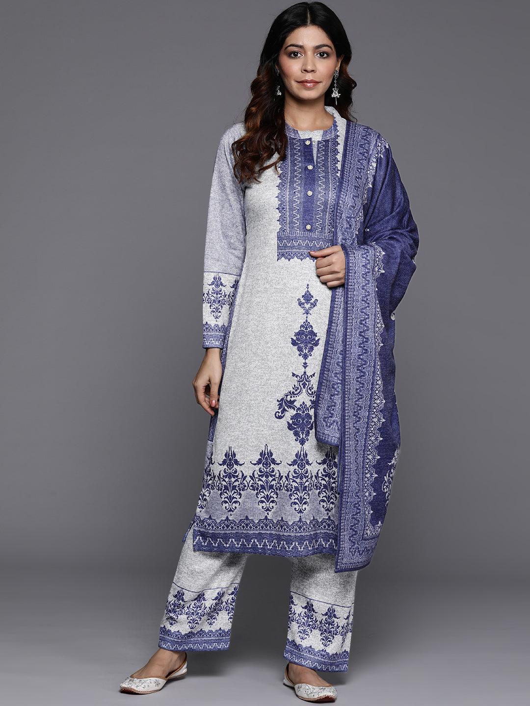 Grey Printed Wool Blend Straight Kurta With Palazzos & Dupatta - ShopLibas