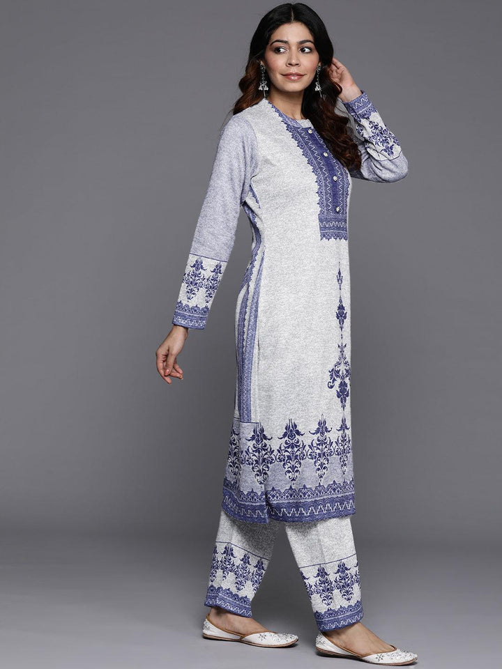 Grey Printed Wool Blend Straight Kurta With Palazzos & Dupatta - ShopLibas