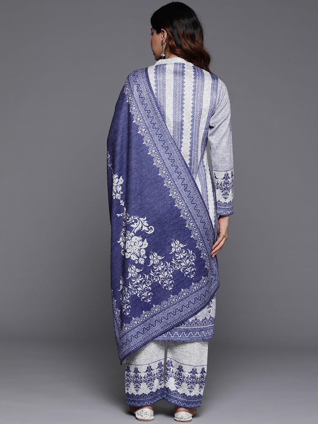 Grey Printed Wool Blend Straight Kurta With Palazzos & Dupatta - ShopLibas