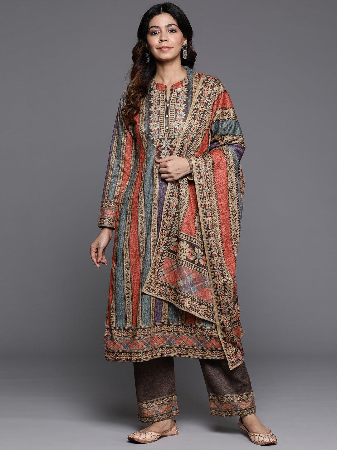 Multi Printed Wool Blend Straight Kurta With Palazzos & Dupatta - ShopLibas