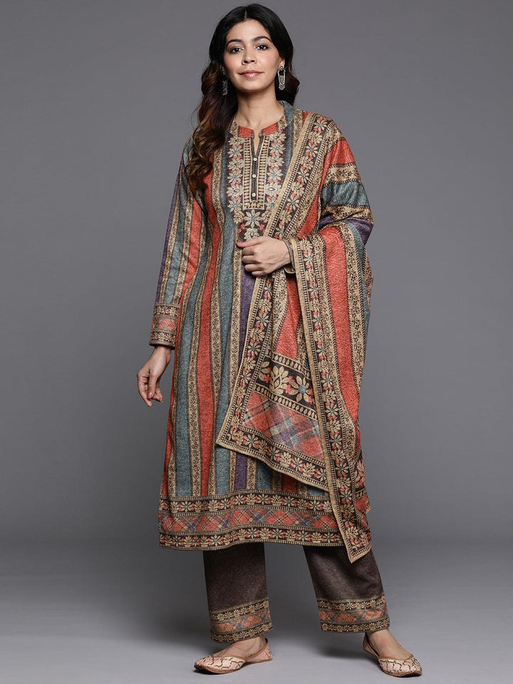 Multi Printed Wool Blend Straight Kurta With Palazzos & Dupatta - ShopLibas