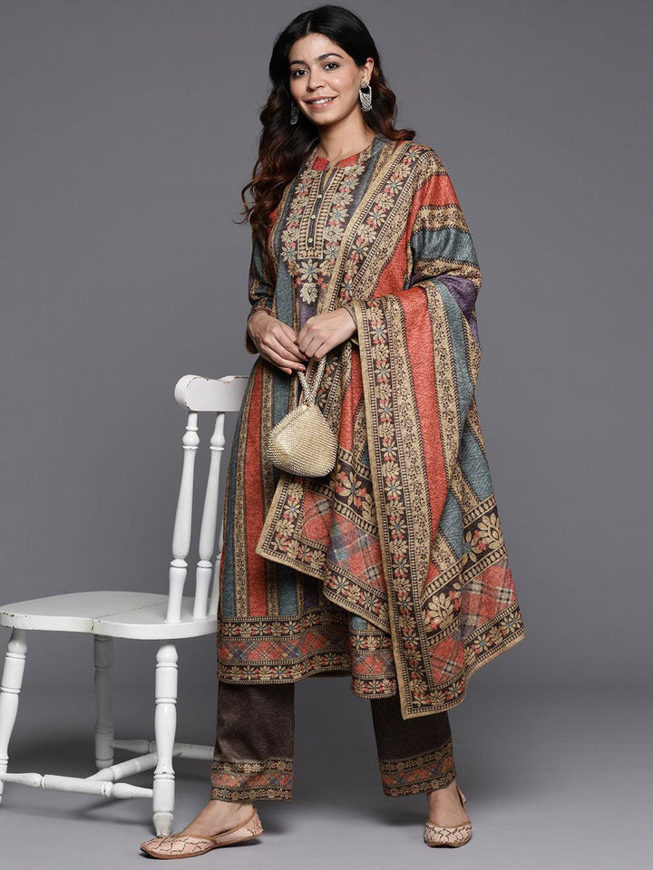 Multi Printed Wool Blend Straight Kurta With Palazzos & Dupatta - ShopLibas