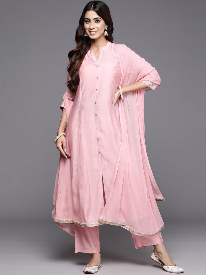 Pink Solid Silk Blend A-Line Kurta With Trousers & Dupatta - ShopLibas