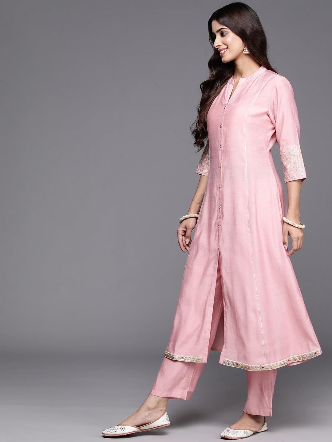 Pink Solid Silk Blend A-Line Kurta With Trousers & Dupatta - ShopLibas