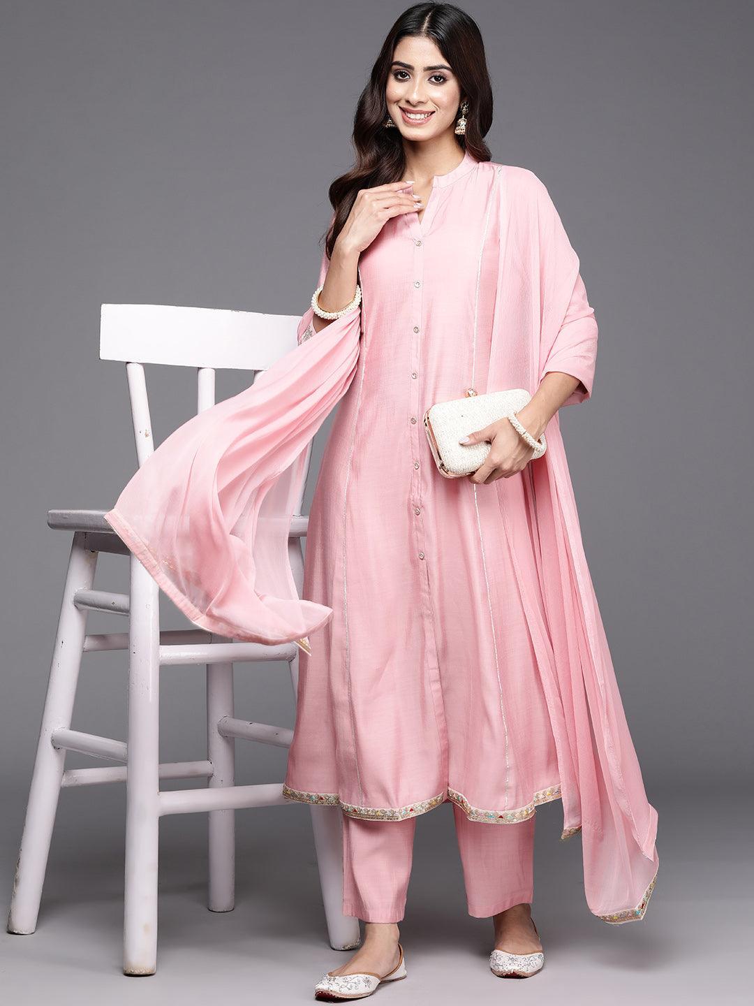 Pink Solid Silk Blend A-Line Kurta With Trousers & Dupatta - ShopLibas