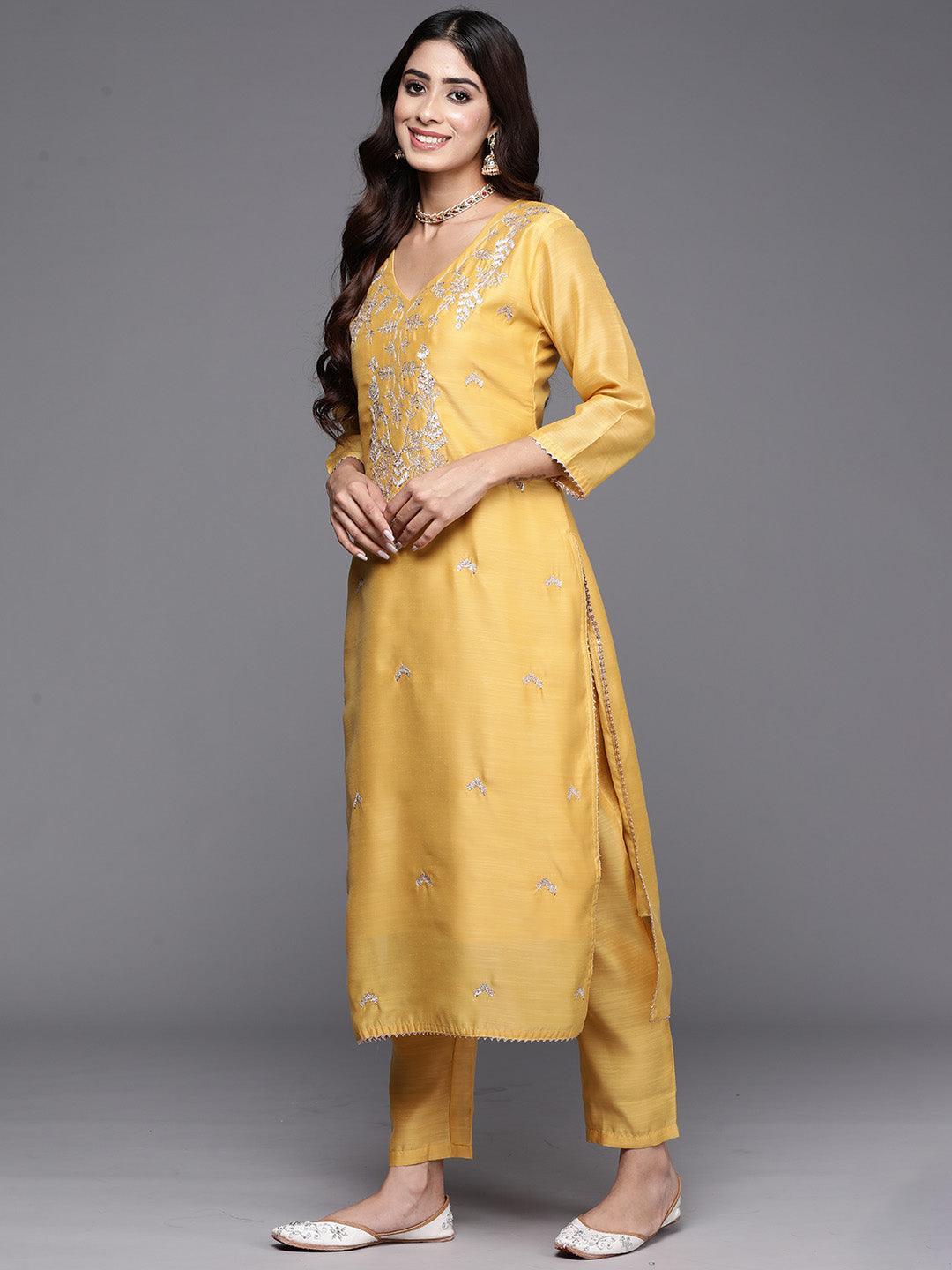 Yellow Embroidered Chanderi Silk Straight Kurta With Trousers & Dupatta - ShopLibas