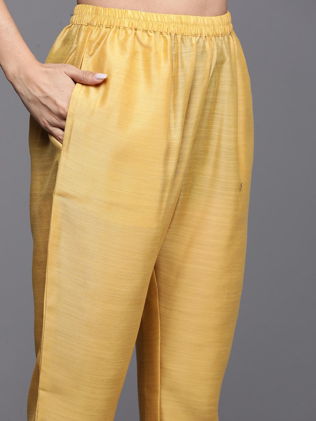 Yellow Embroidered Chanderi Silk Straight Kurta With Trousers & Dupatta - ShopLibas