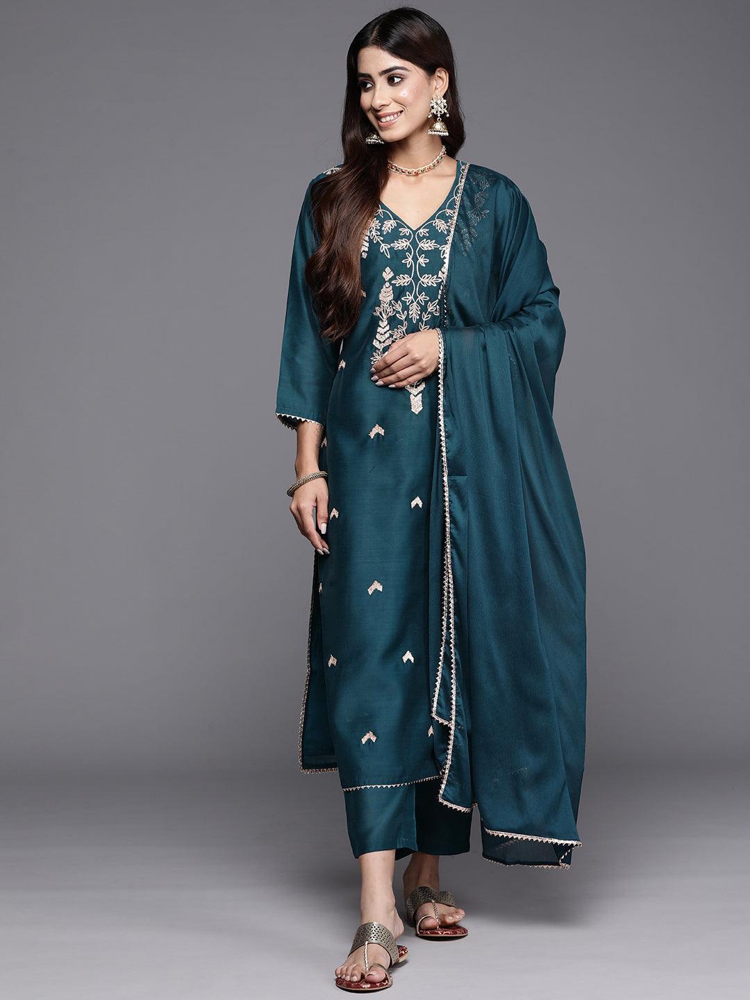 Teal Embroidered Chanderi Silk Straight Kurta With Trousers & Dupatta - ShopLibas