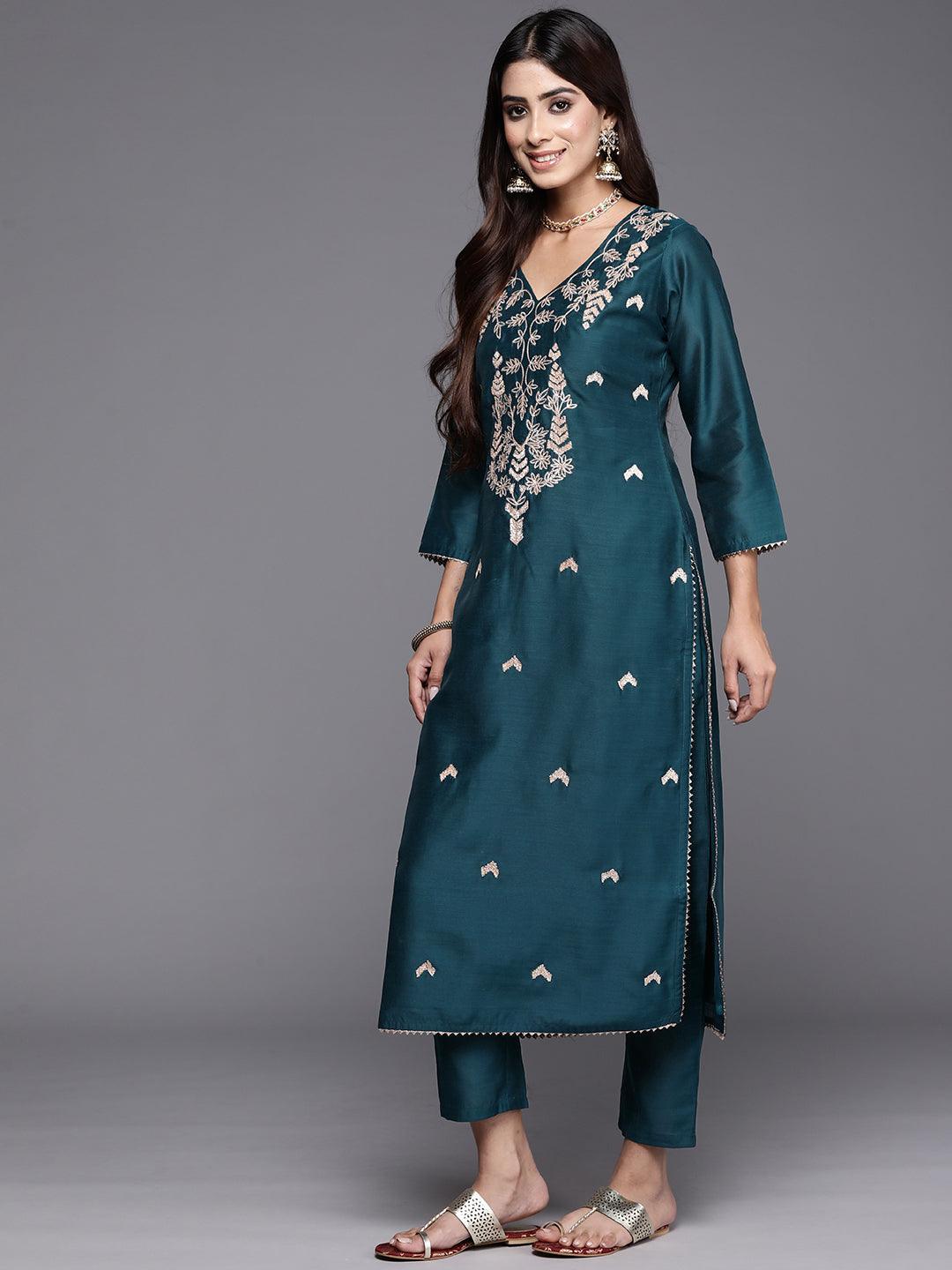 Teal Embroidered Chanderi Silk Straight Kurta With Trousers & Dupatta - ShopLibas