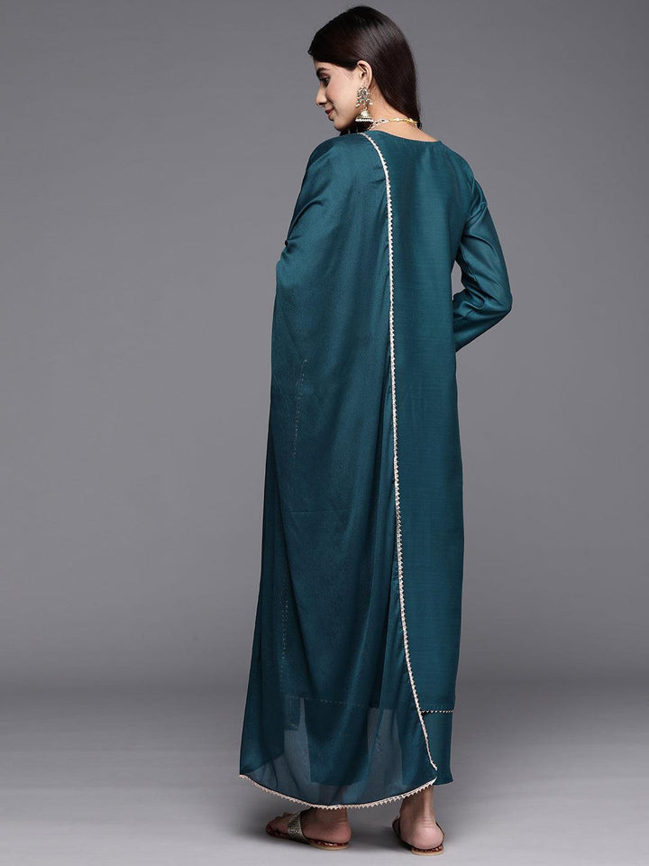 Teal Embroidered Chanderi Silk Straight Kurta With Trousers & Dupatta - ShopLibas