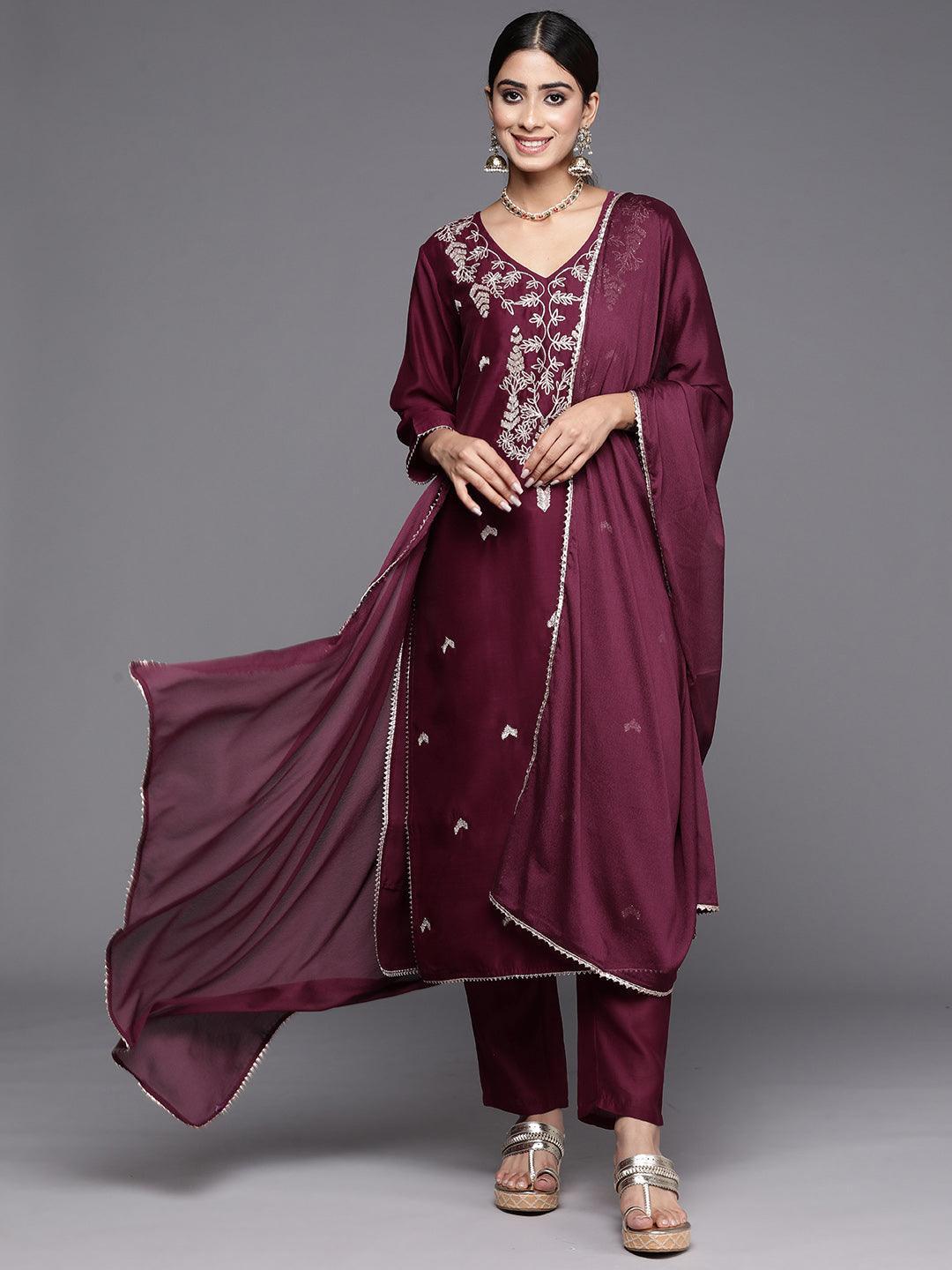 Wine Embroidered Chanderi Silk Straight Kurta With Trousers & Dupatta - ShopLibas