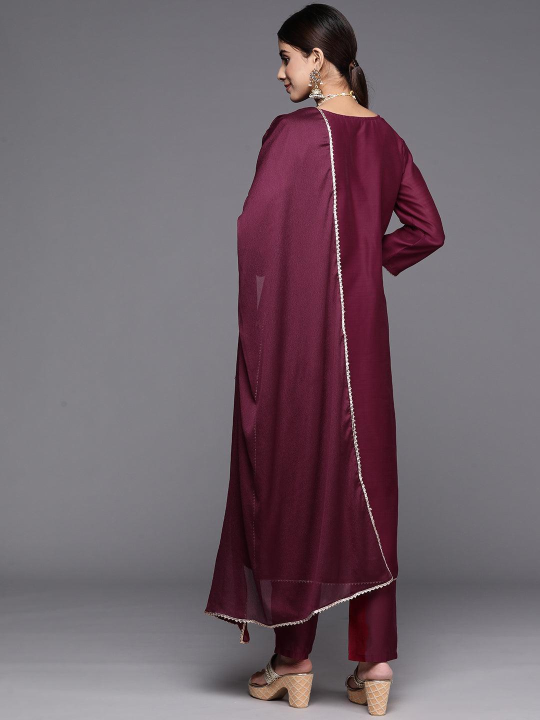 Wine Embroidered Chanderi Silk Straight Kurta With Trousers & Dupatta - ShopLibas