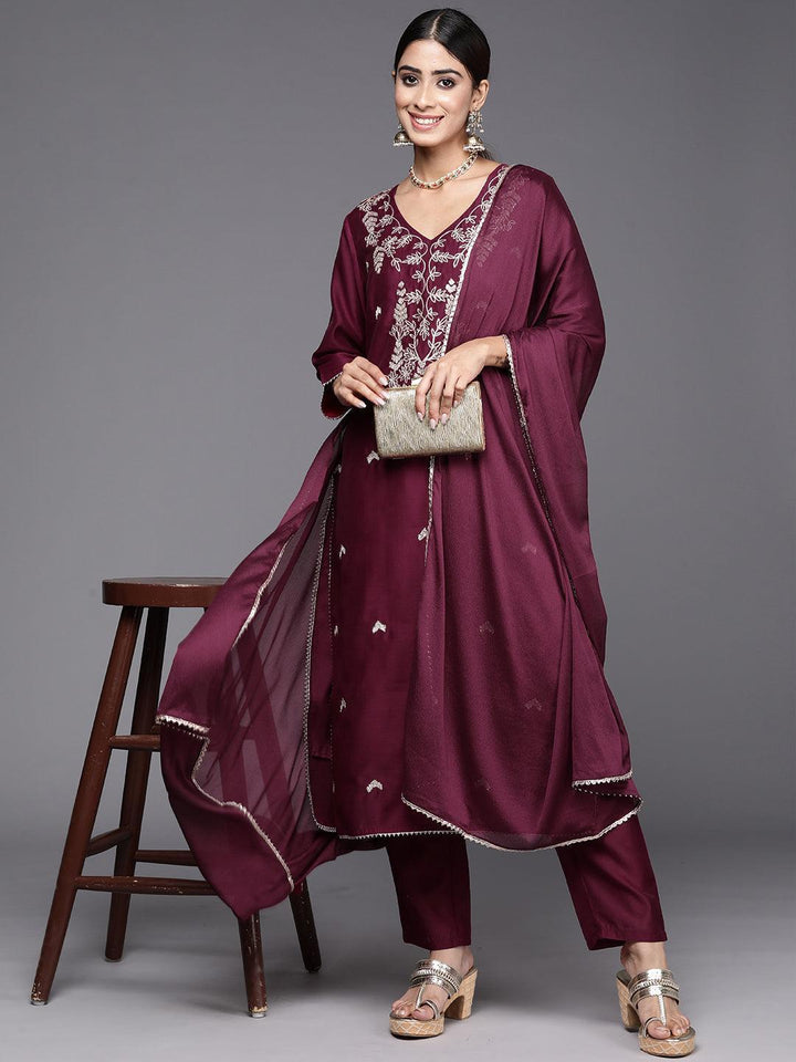 Wine Embroidered Chanderi Silk Straight Kurta With Trousers & Dupatta - ShopLibas