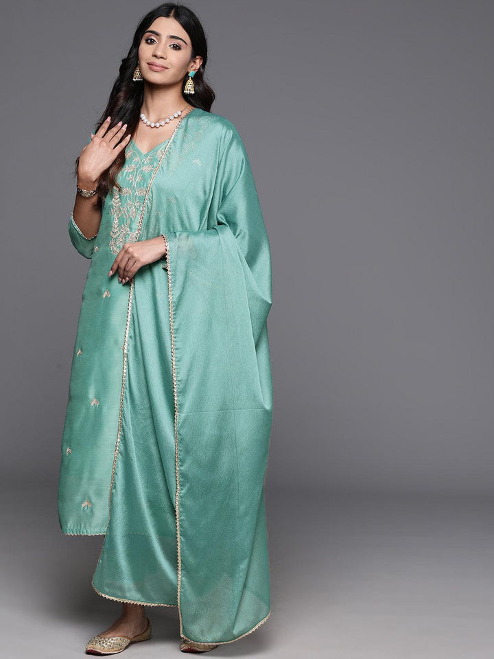 Sea Green Embroidered Chanderi Silk Straight Kurta With Trousers & Dupatta - ShopLibas