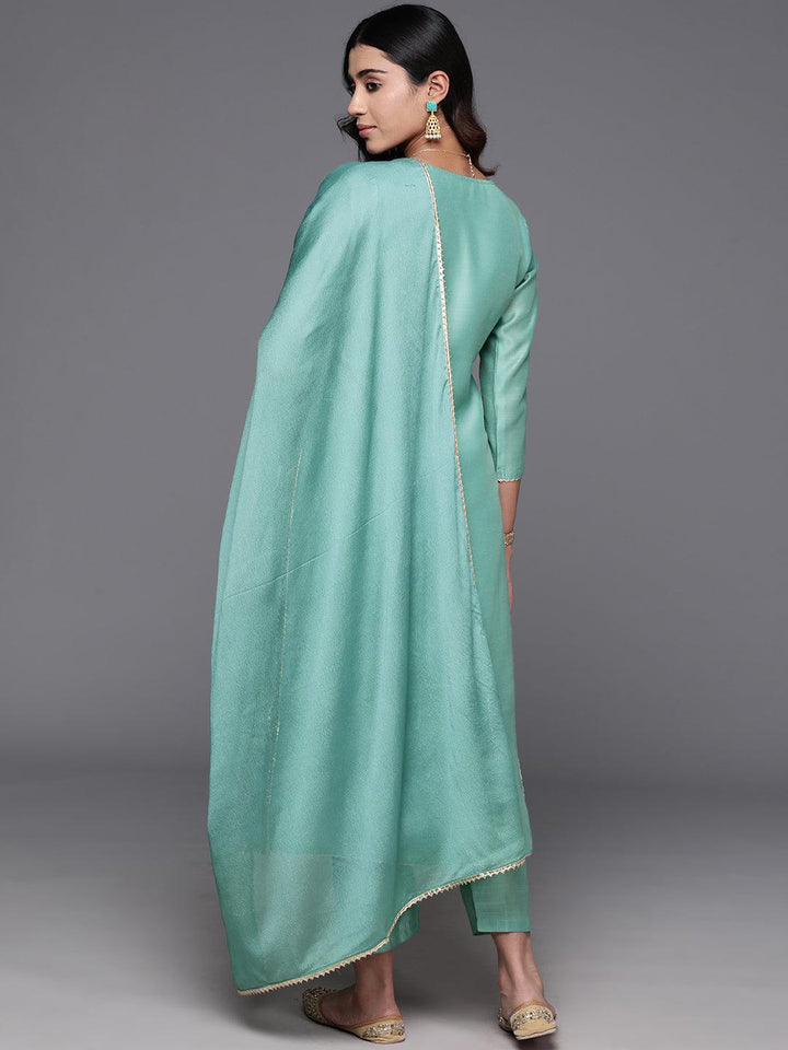 Sea Green Embroidered Chanderi Silk Straight Kurta With Trousers & Dupatta - ShopLibas