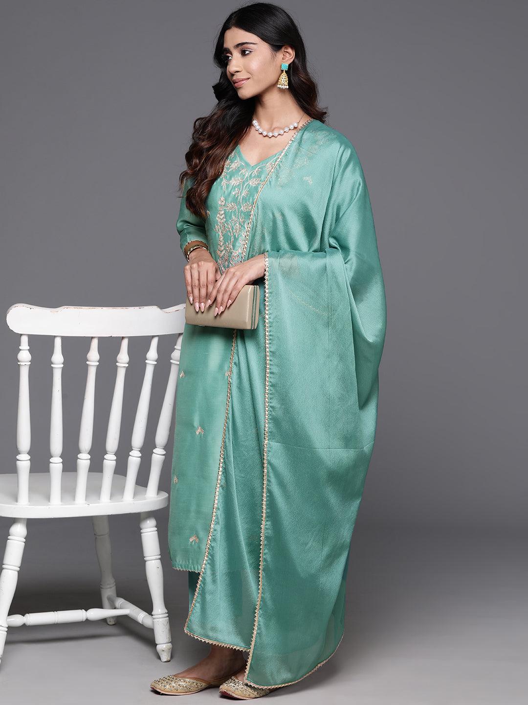 Sea Green Embroidered Chanderi Silk Straight Kurta With Trousers & Dupatta - ShopLibas