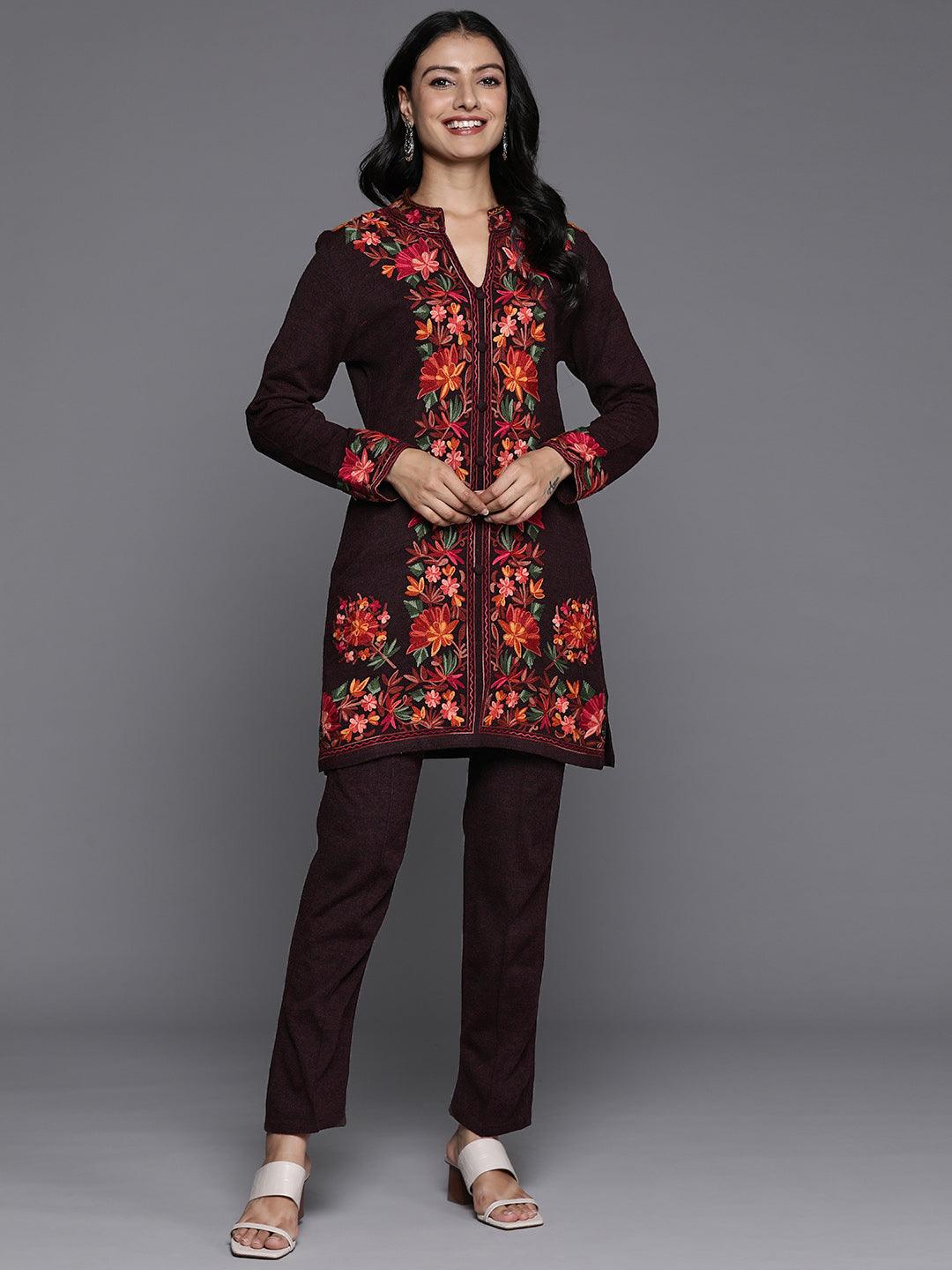 Wine Embroidered Wool Straight Kurta With Trousers - ShopLibas