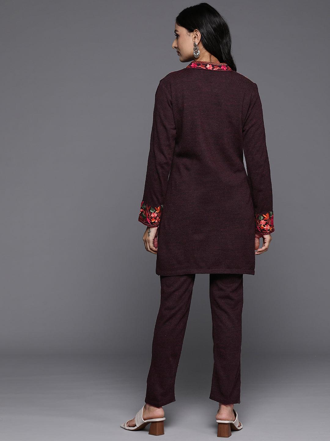 Wine Embroidered Wool Straight Kurta With Trousers - ShopLibas