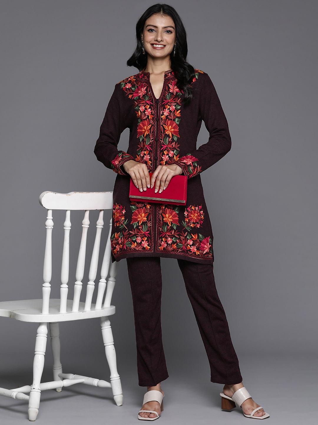 Wine Embroidered Wool Straight Kurta With Trousers - ShopLibas