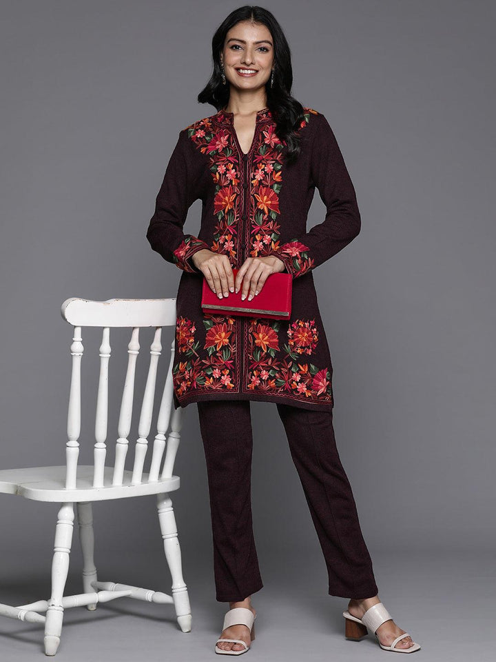 Wine Embroidered Wool Straight Kurta With Trousers - ShopLibas