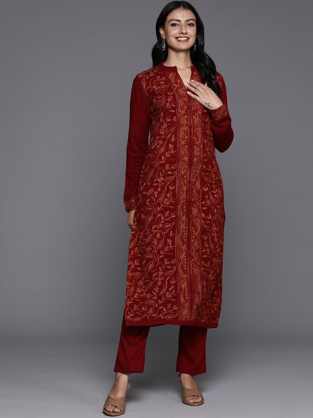 Red Embroidered Wool Straight Kurta With Trousers - ShopLibas