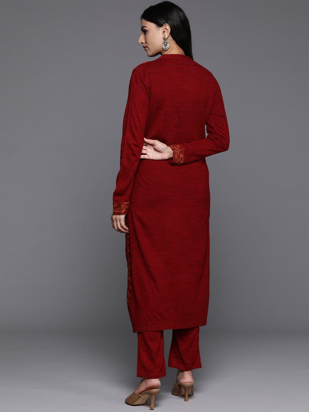 Red Embroidered Wool Straight Kurta With Trousers - ShopLibas