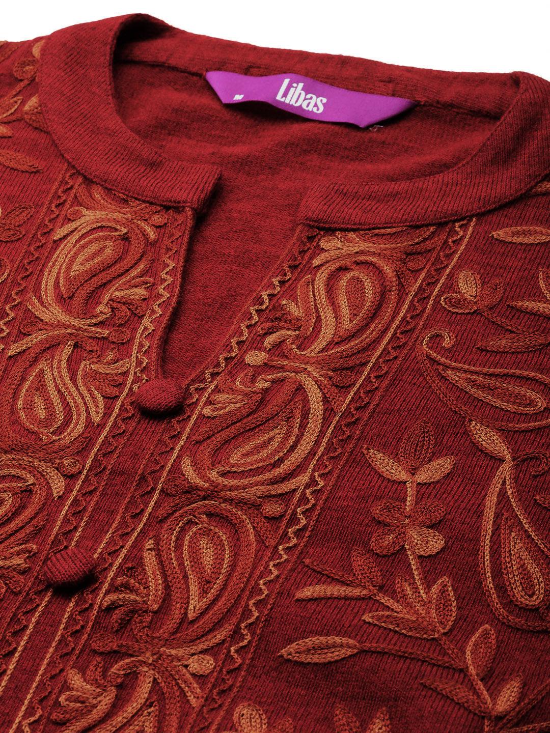 Red Embroidered Wool Straight Kurta With Trousers - ShopLibas