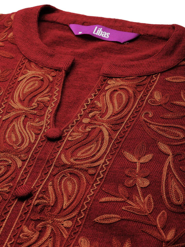 Red Embroidered Wool Straight Kurta With Trousers - ShopLibas