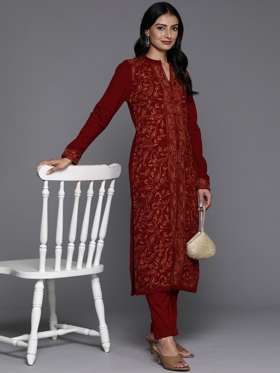 Red Embroidered Wool Straight Kurta With Trousers - ShopLibas