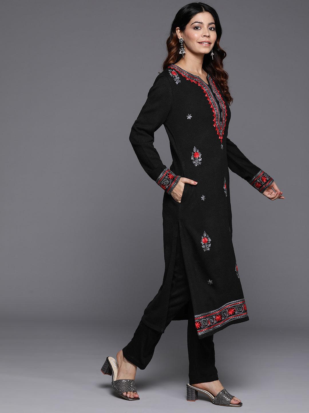 Black Embroidered Wool Straight Kurta With Trousers - ShopLibas