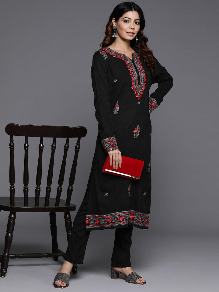 Black Embroidered Wool Straight Kurta With Trousers - ShopLibas