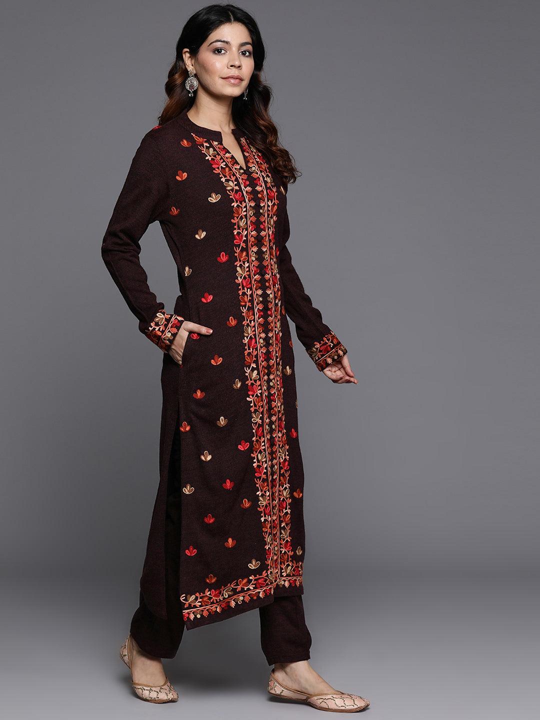 Wine Embroidered Wool Straight Kurta With Trousers - ShopLibas