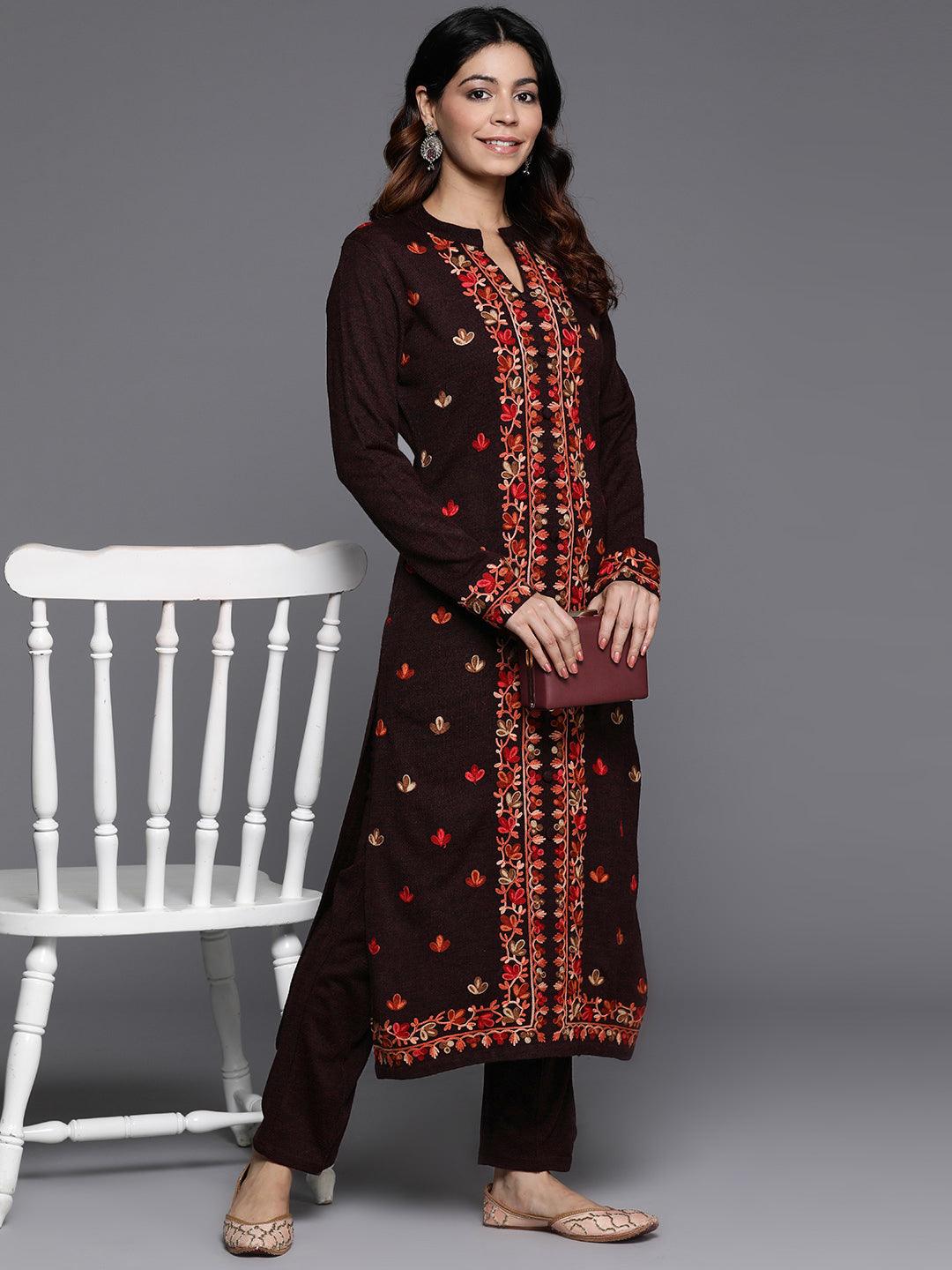 Wine Embroidered Wool Straight Kurta With Trousers - ShopLibas