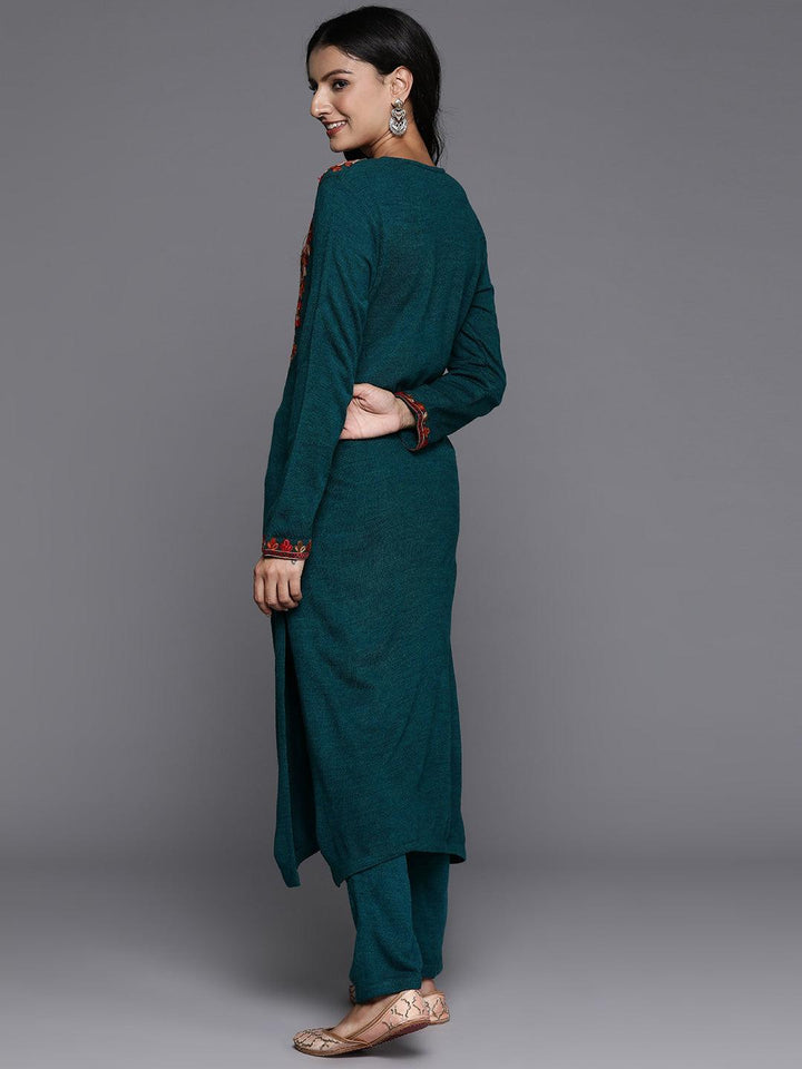 Green Yoke Design Wool Straight Kurta With Trousers - ShopLibas