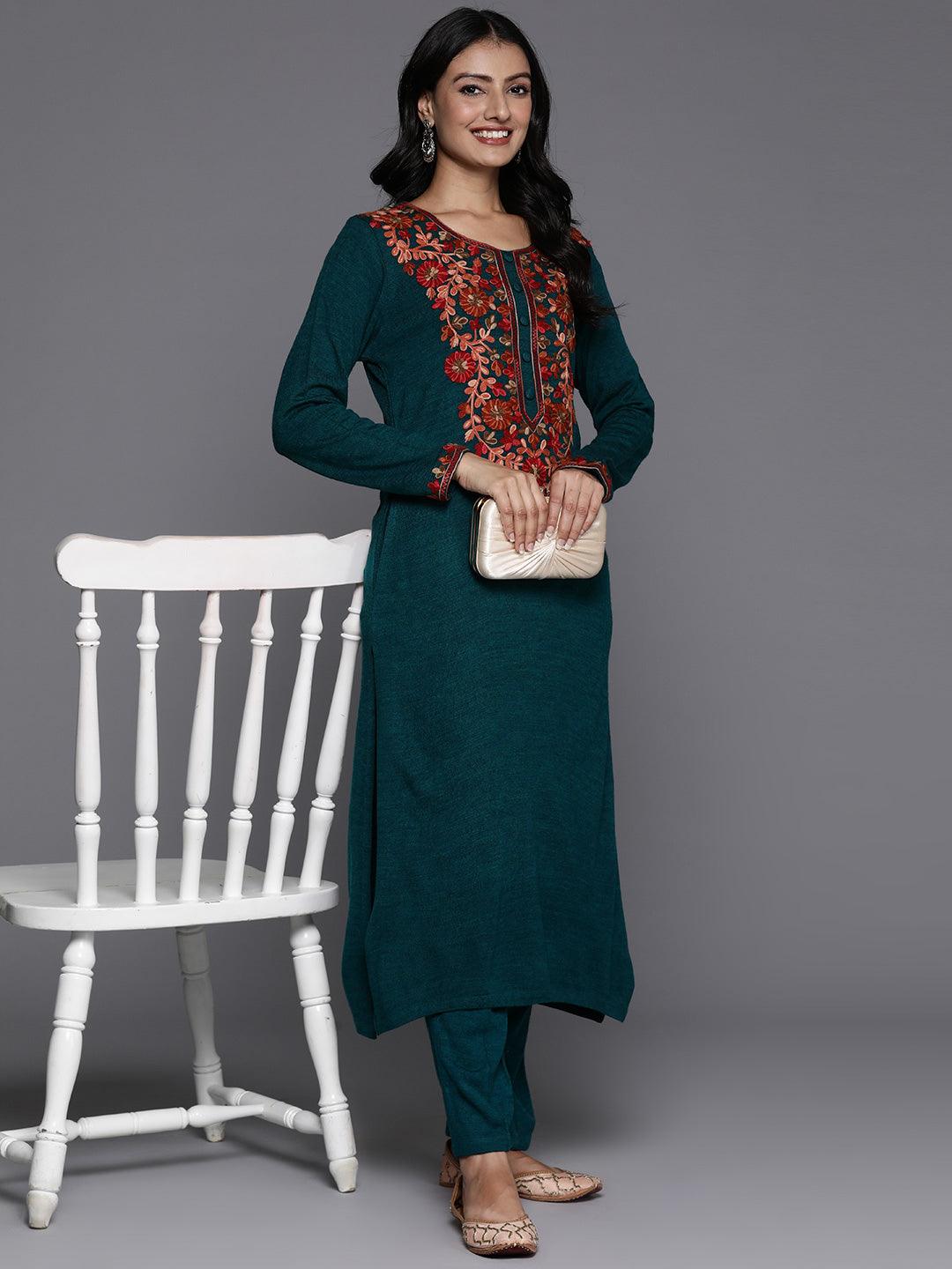 Green Yoke Design Wool Straight Kurta With Trousers - ShopLibas