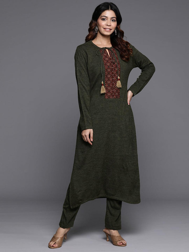 Olive Yoke Design Wool Straight Kurta With Trousers - ShopLibas