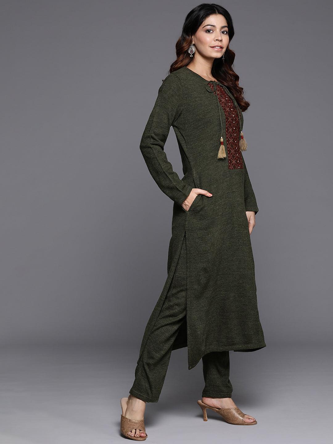 Olive Yoke Design Wool Straight Kurta With Trousers - ShopLibas